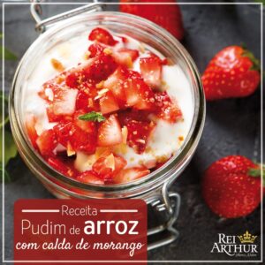 Receita Pudim de arroz com calda de morango